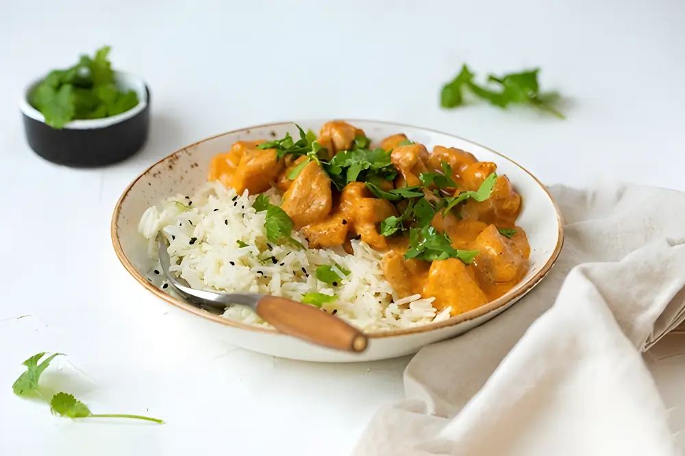Plato de curry de pollo con arroz y cilantro