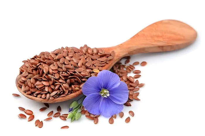 Semillas de linaza en cuchara de madera con flor azul sobre fondo blanco