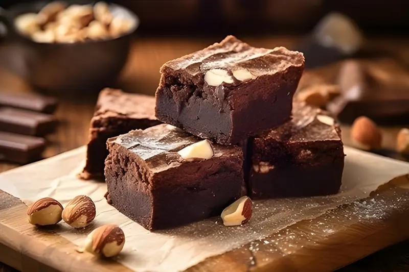 Brownies de chocolate con avellanas naturales sobre tabla de madera