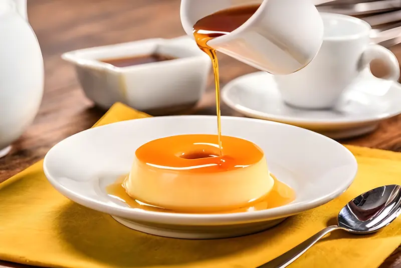 Flan con caramelo servido en plato blanco