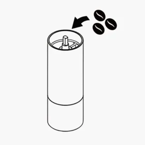 Diagrama de instrucciones para añadir granos de café en molinillo eléctrico cilíndrico