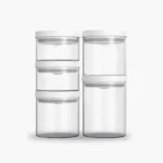 Set de 5 contenedores herméticos de vidrio borosilicato transparentes con tapa blanca, en distintos tamaños
