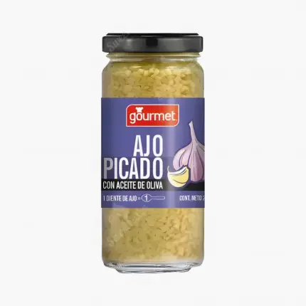 Ajo picado con aceite de oliva en frasco de vidrio Gourmet