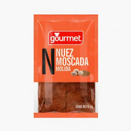 Paquete de nuez moscada molida marca Gourmet 5g.
